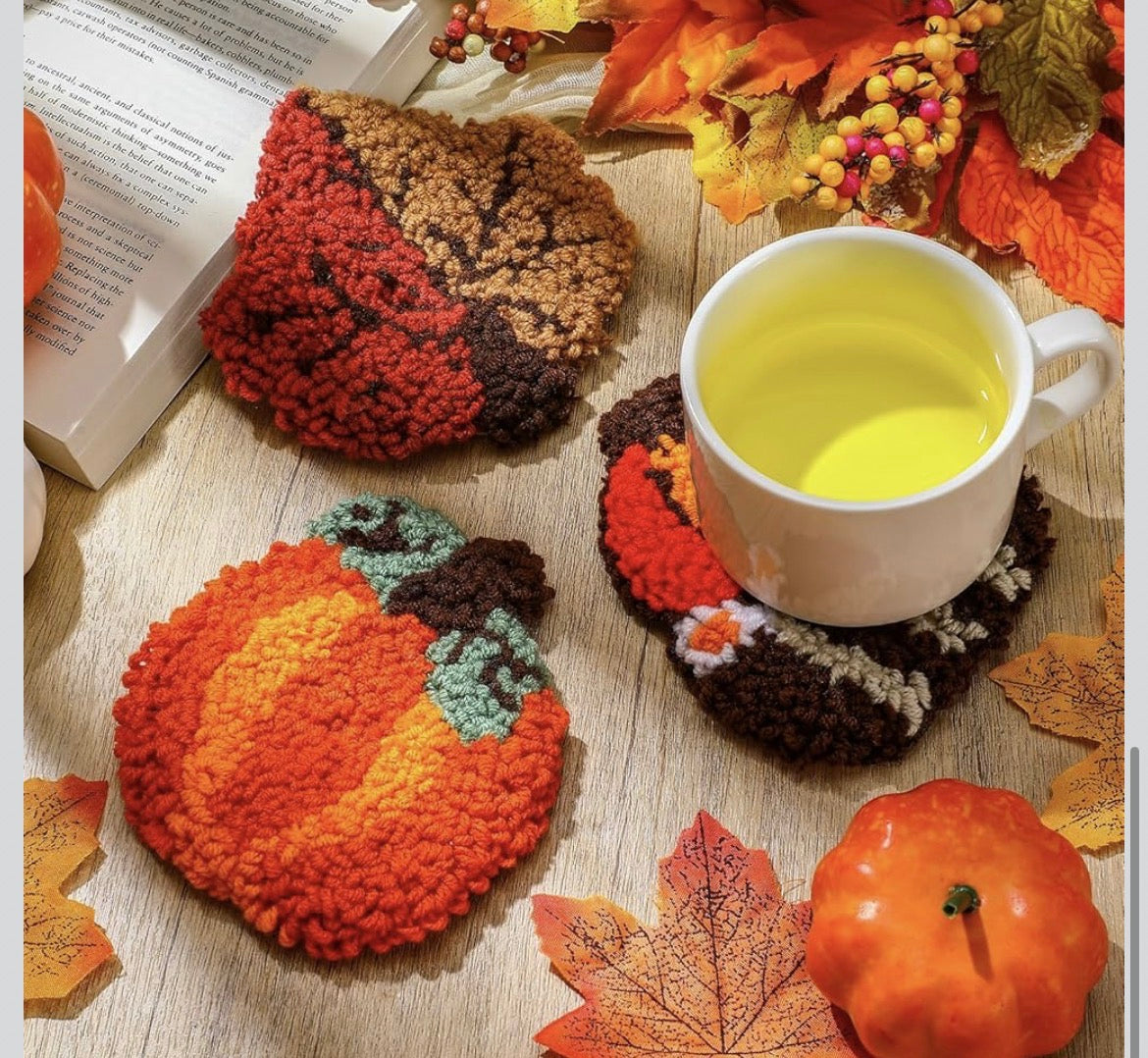 Cozy Harvest: 6-Pack Autumn Punch Needle Coasters 🍁🎃🍄