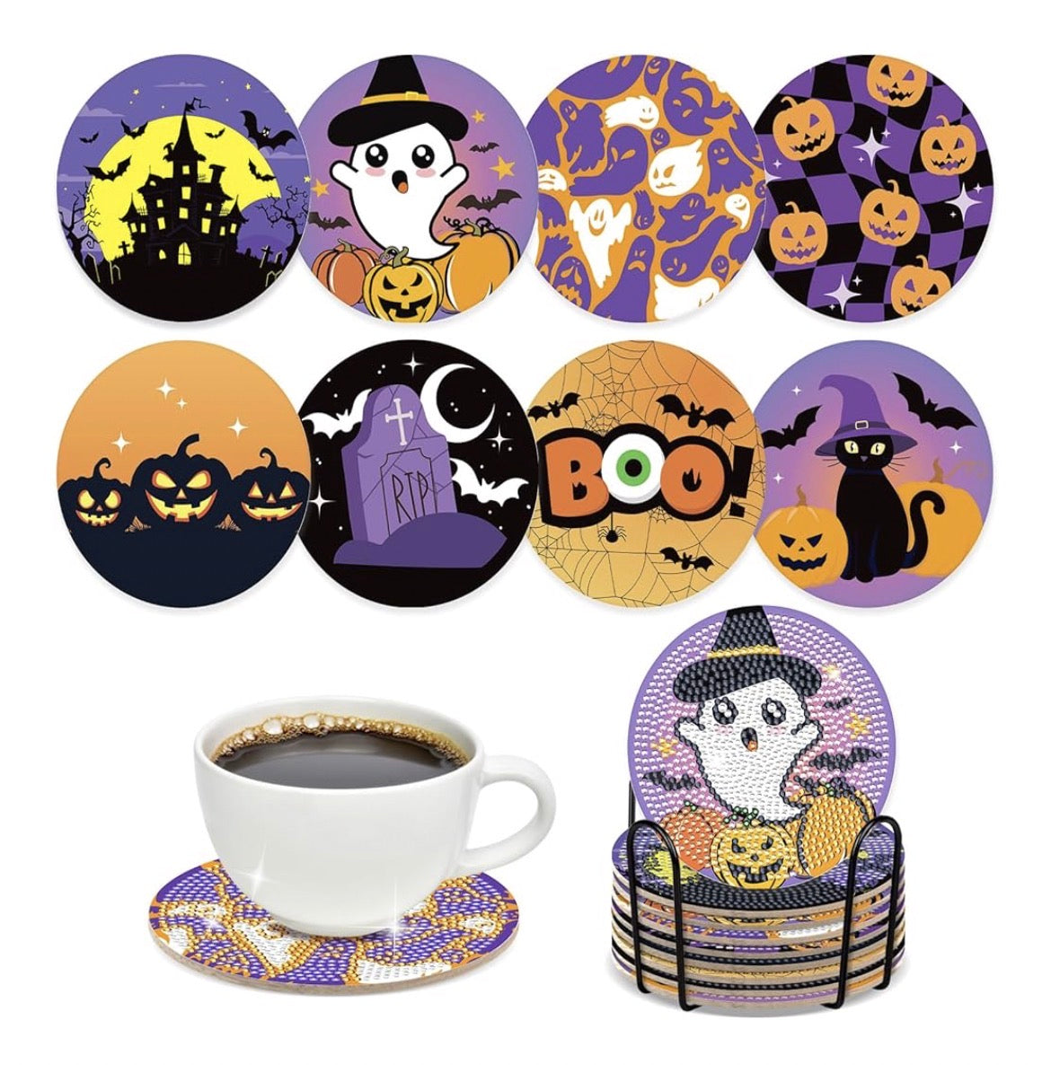 Spooky Sparkle: 8-Pack Halloween Diamond Coasters 🎃👻🖤