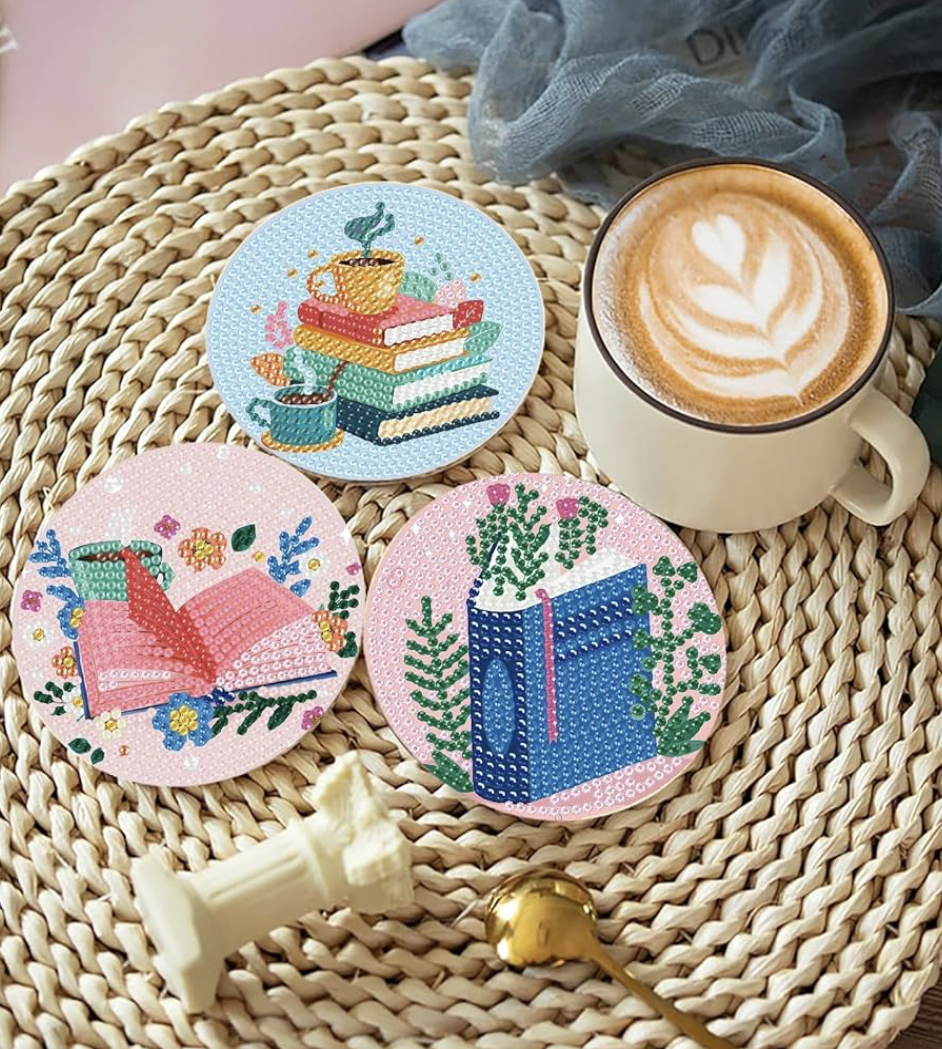 📖 Once Upon a Sip: 8-Piece Diamond Art Book Coasters 💎✨