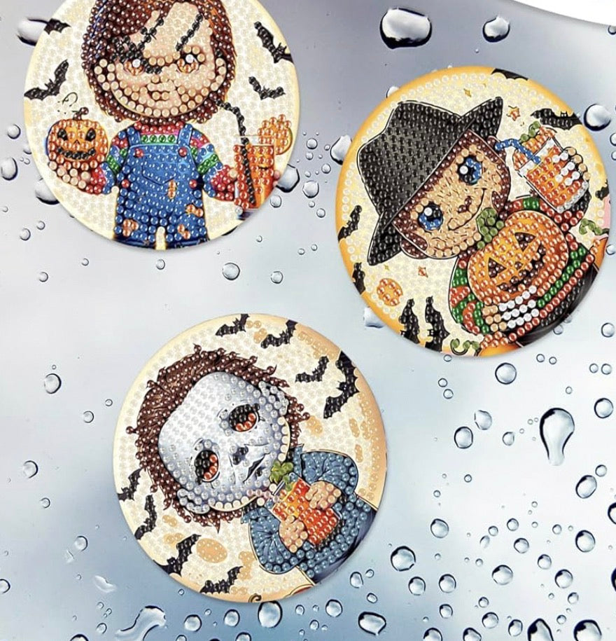 💎🎃✨ Creepy Cuties Sparkle: 8-Piece Horror Diamond Coaster Set
