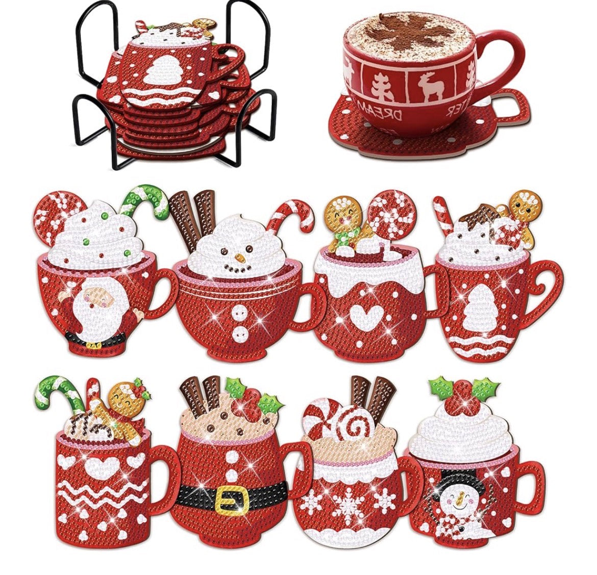 Cozy Cocoa: 8-Pack Christmas Diamond Art Coasters 🎄☕✨
