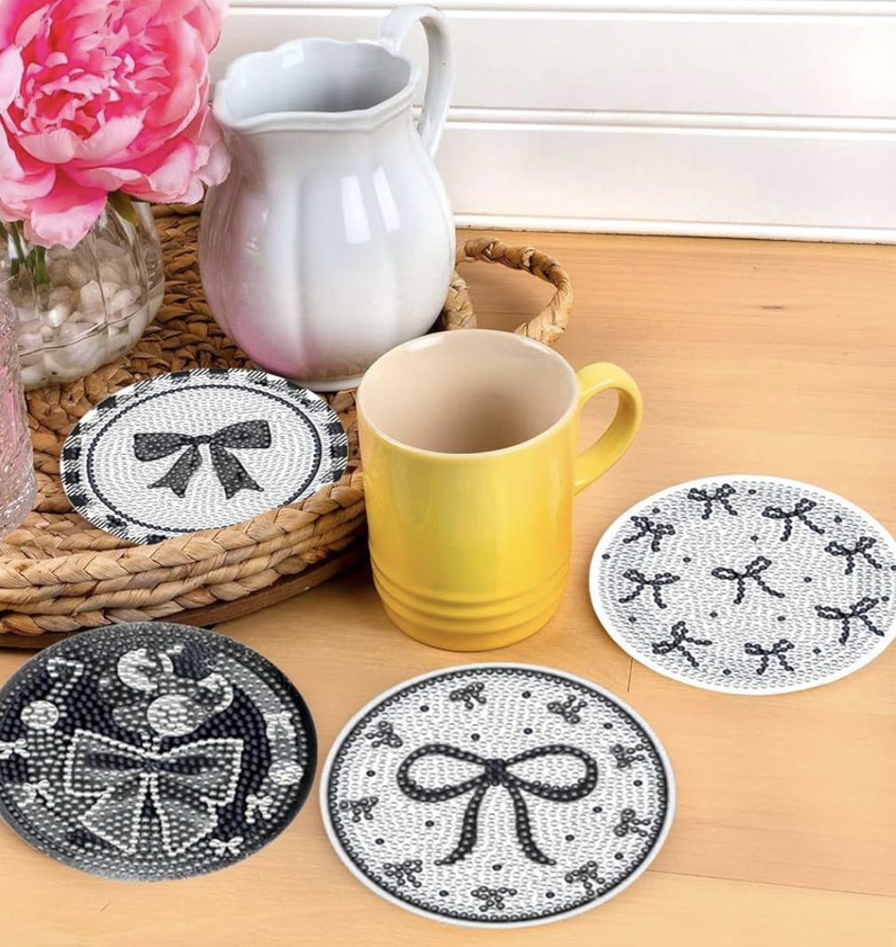 🖤💎 Noir Sparkle: 8-Piece Black Bow Diamond Art Coasters 🎀✨