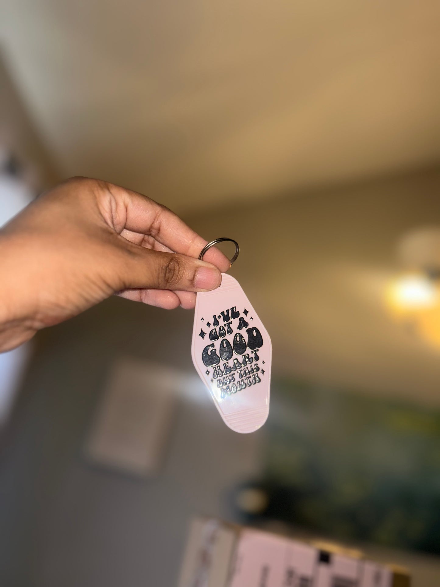 “I’ve got a good heart… but this mouth though.” Motel keychain 🗝️