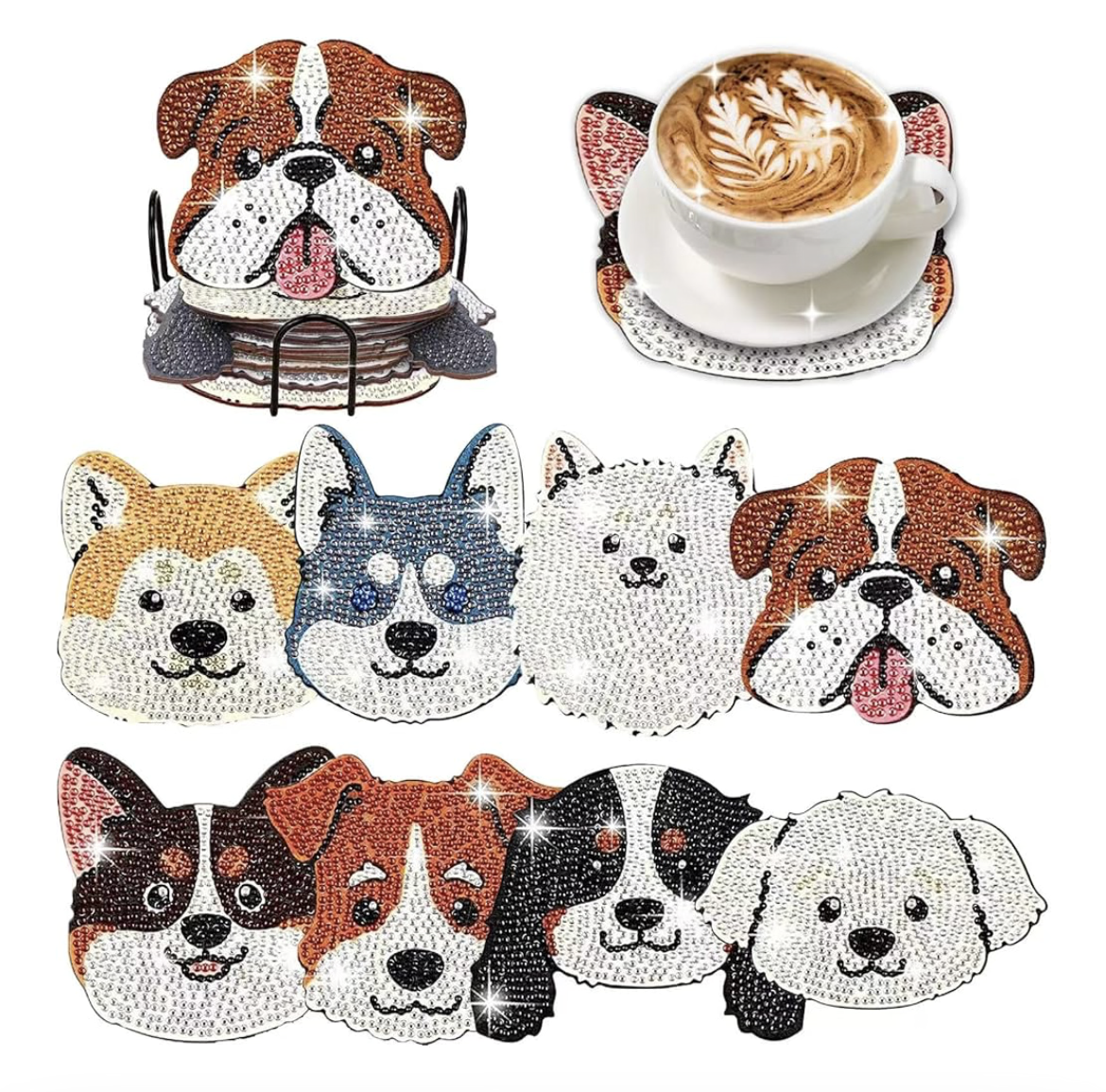 🐶💎 Pup-tastic Pals: 8-Piece Dog Shaped Diamond Painting Coaster Set 🐾✨