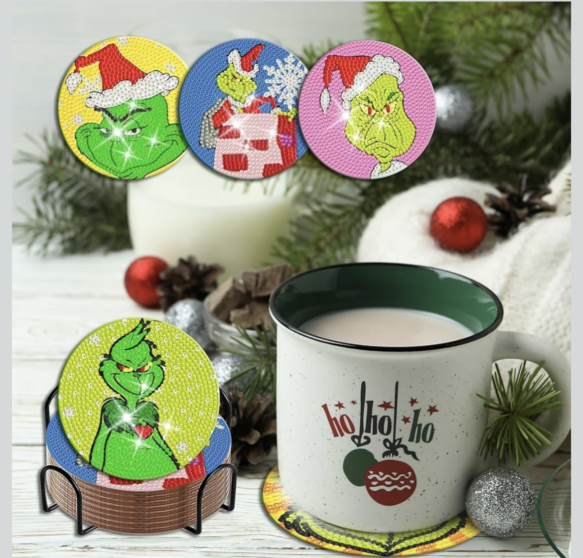 💚 Grinchmas Sparkle Set: 8-Piece Christmas Diamond Coasters 🎅✨