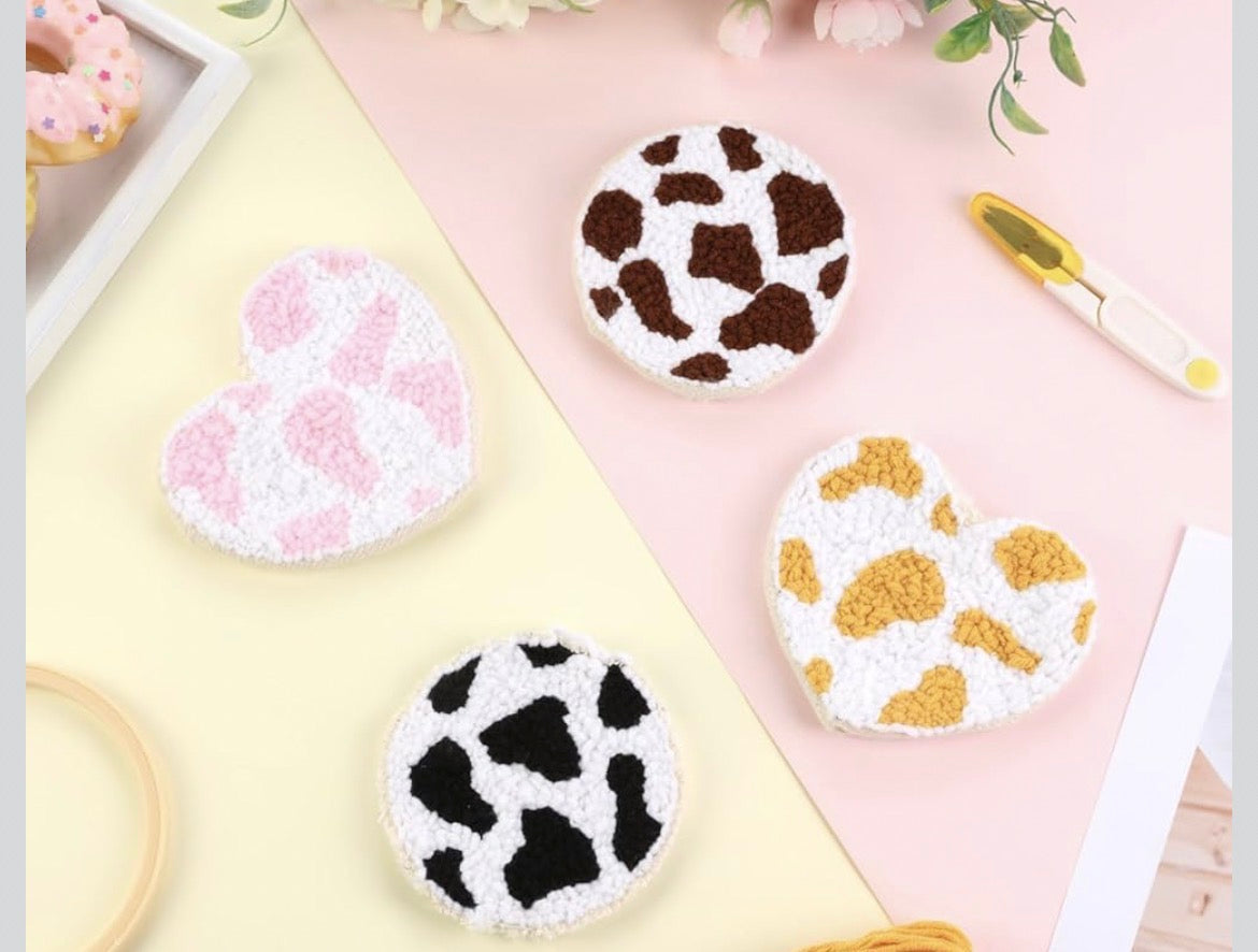 Moo & Stitch: Cow Print Punch Needle Coasters 🐮💗🖤💛🤎