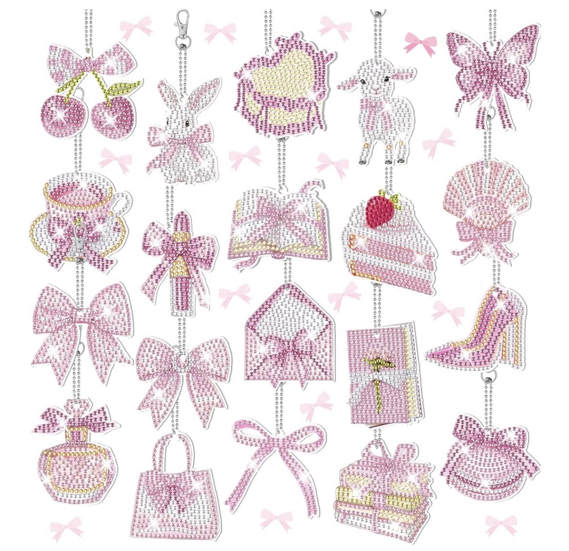 🎀💎 Coquette Sparkle: 20-Piece Pink Bow Diamond Keychain Set 💖✨