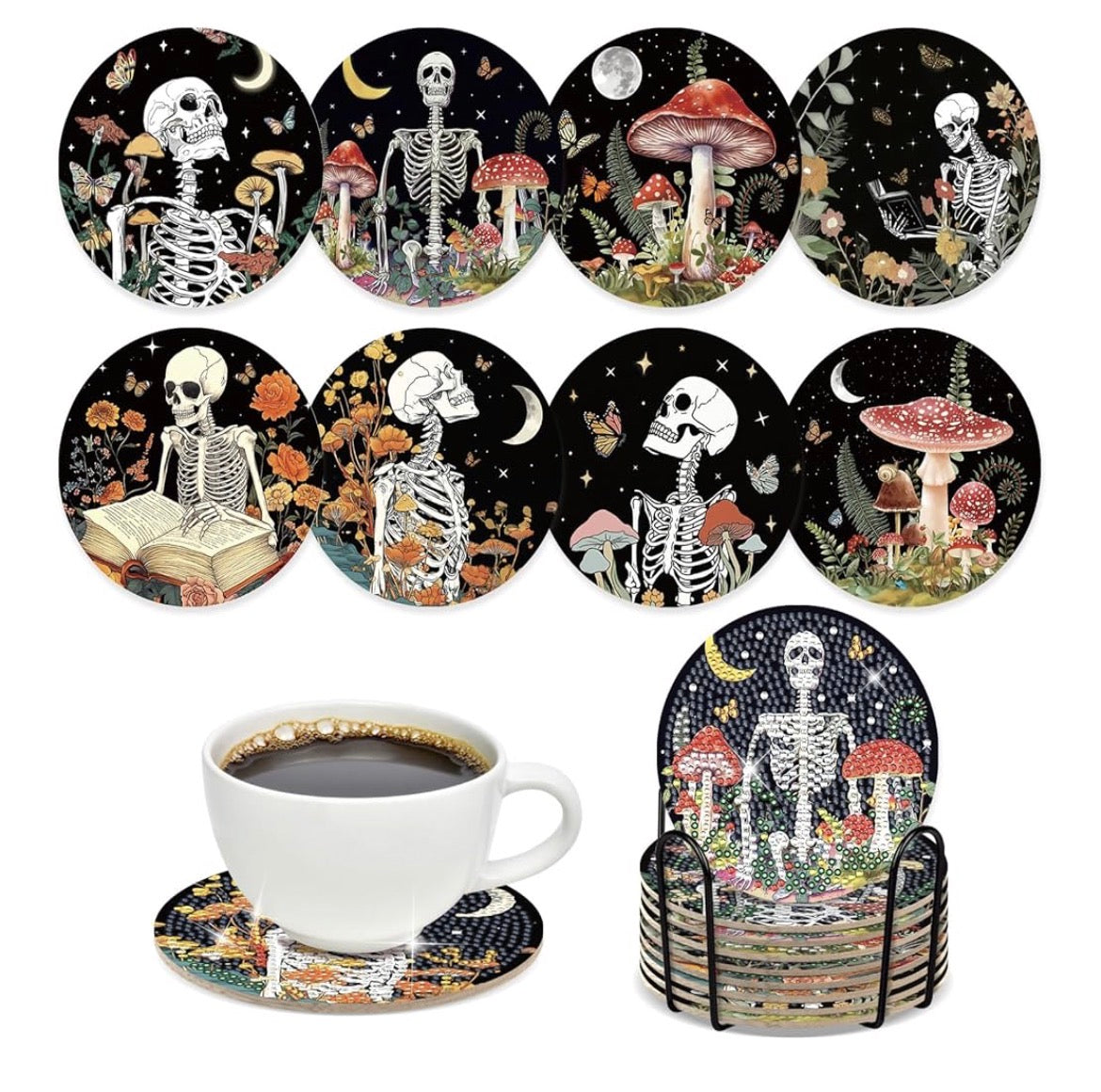 Spooky Bloom: 8-Pack Skull & Floral Diamond Coasters 💀🌸🍄💎