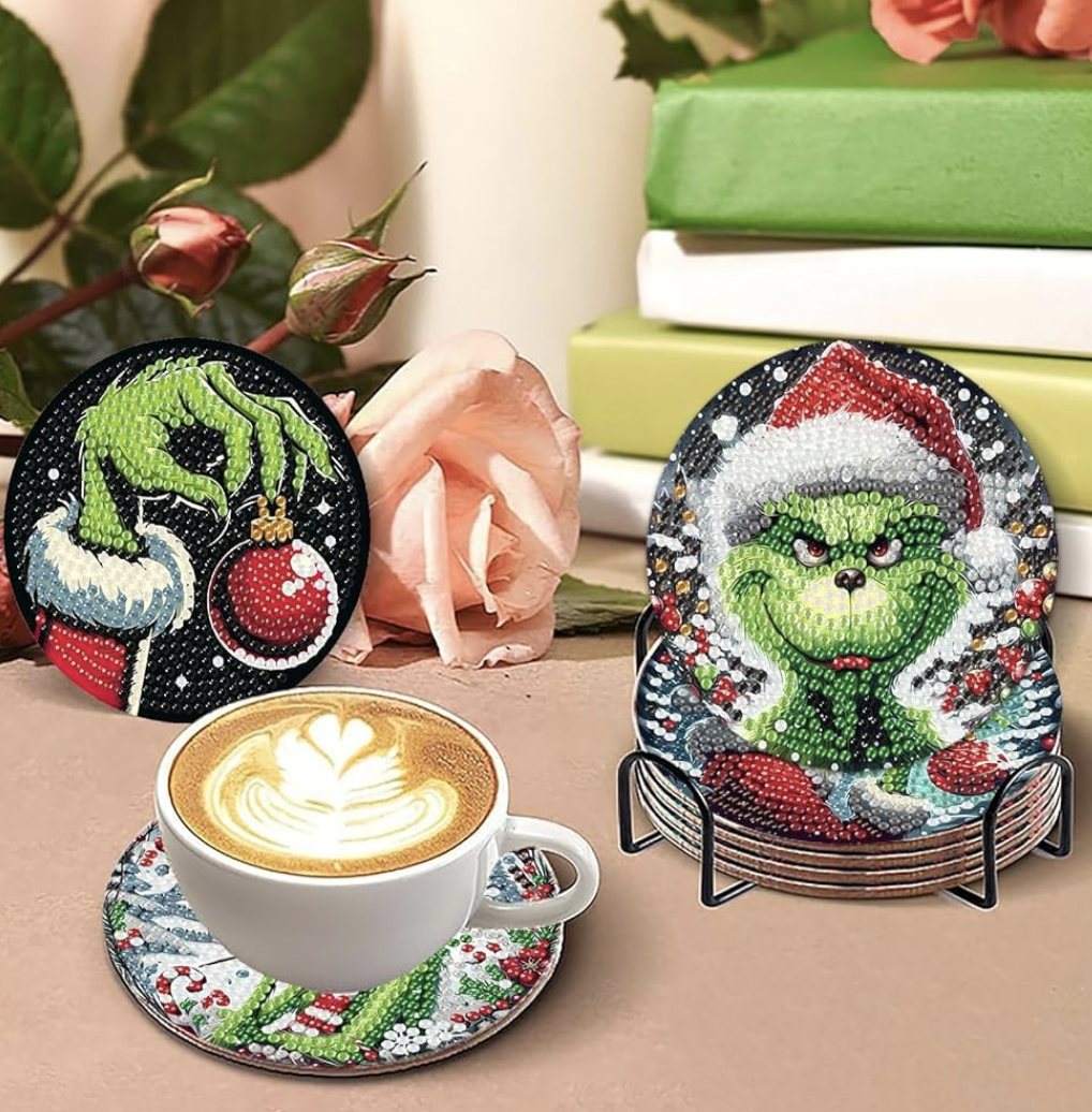 🎄💚 Grinchy Glow: 8-Piece Christmas Diamond Painting Coaster Set 💎✨