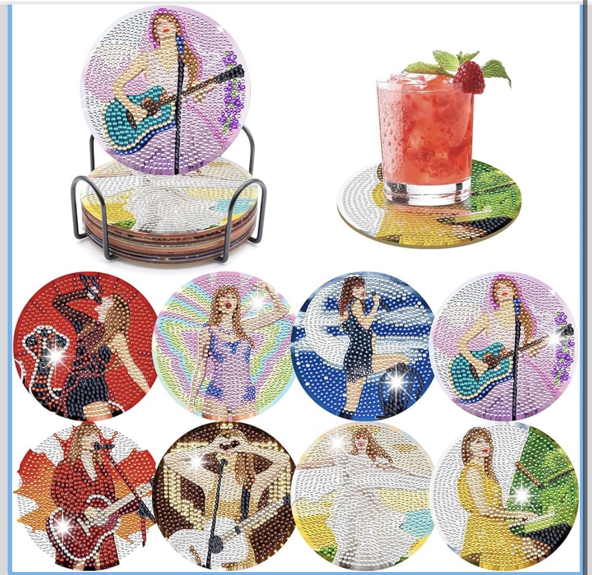 🎶 Swift & Sparkle: 8-Piece Taylor Diamond Coaster Collection 💎🩷