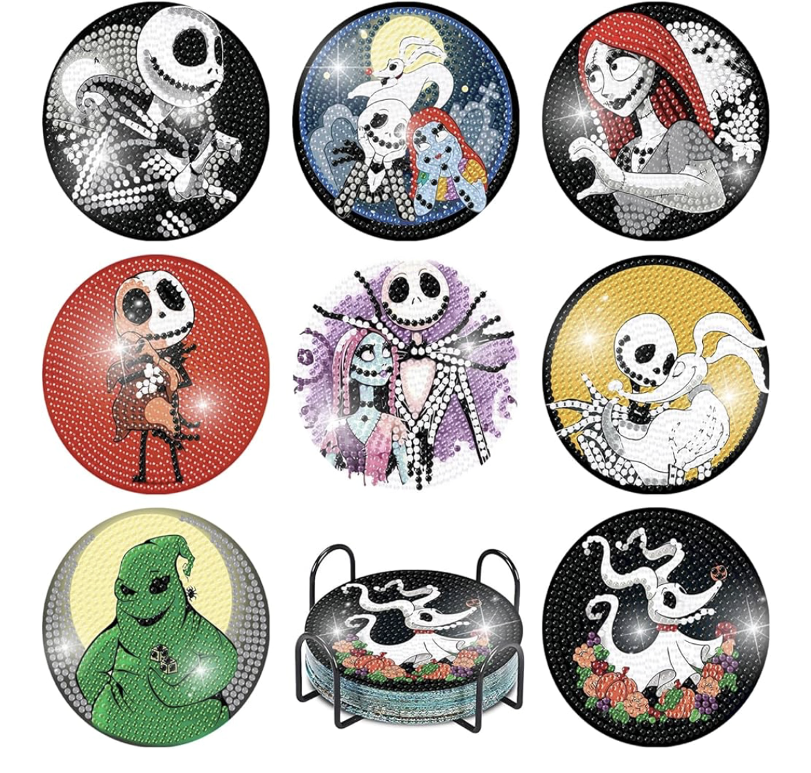 💎🖤✨ Halloweentown Glam: 8-Piece Nightmare Before Christmas Diamond Coaster Set