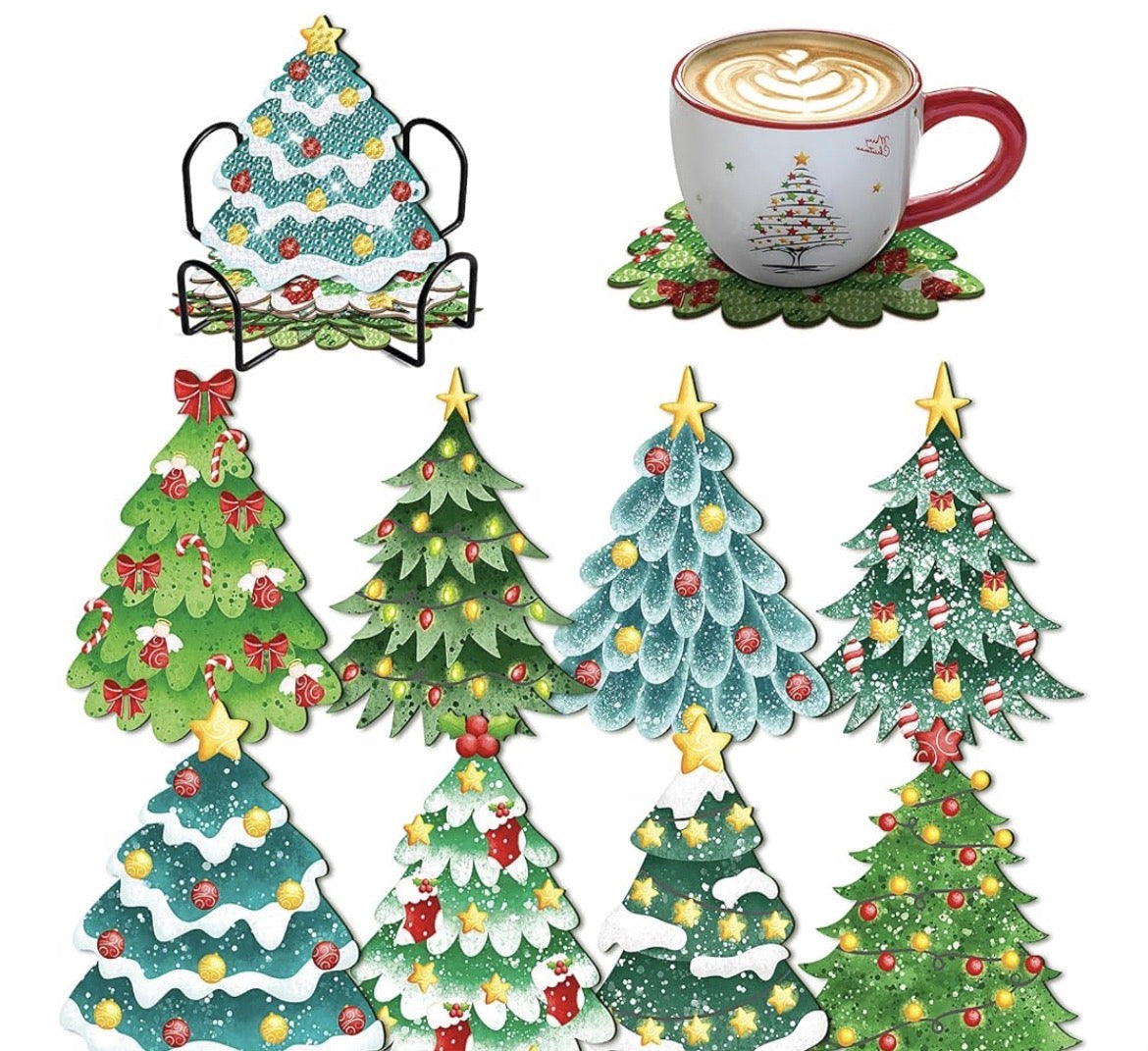 Twinkling Pines: 8-Pack Christmas Tree Diamond Coasters 🎄✨💎