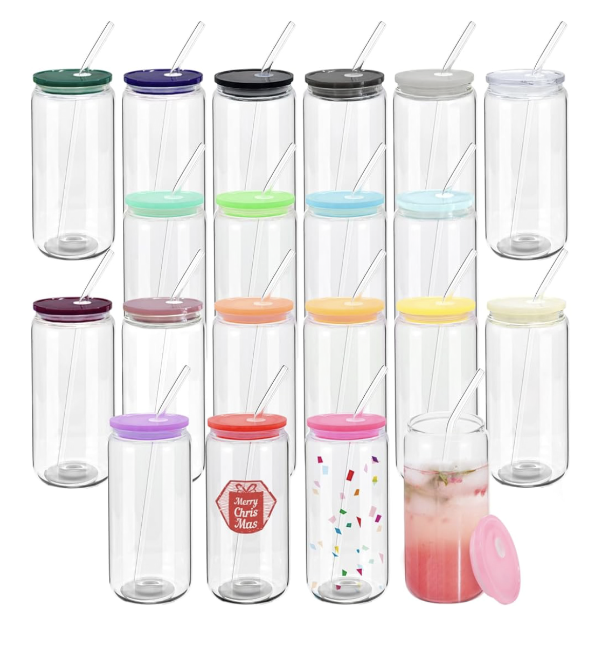 Rainbow Sips: 20-Pack 16 oz Glass Tumblers with Colorful Lids” 🌈🥤✨