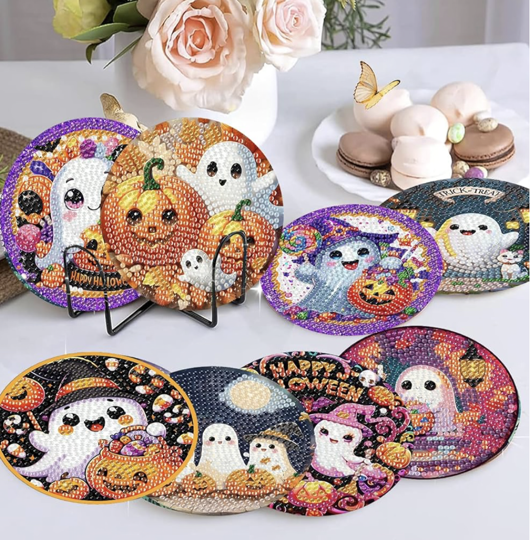 👻💎 Haunting Sparkle: 8-Piece Horror Ghost Diamond Coaster Set 🕸️✨