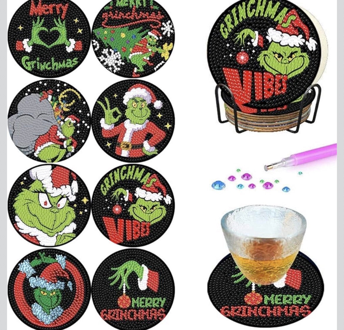 💚 How the Grinch Stole the Sparkle: 8-Piece Christmas Coaster Set 🎅💎