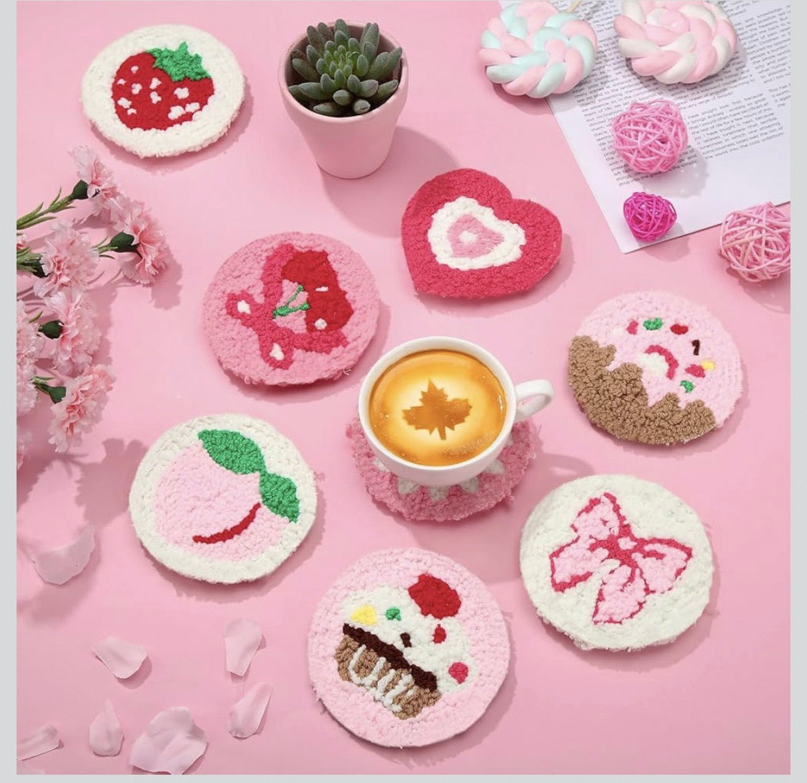 Sugar & Stitch: Pink Dessert Coaster Set 🍩🍓✨