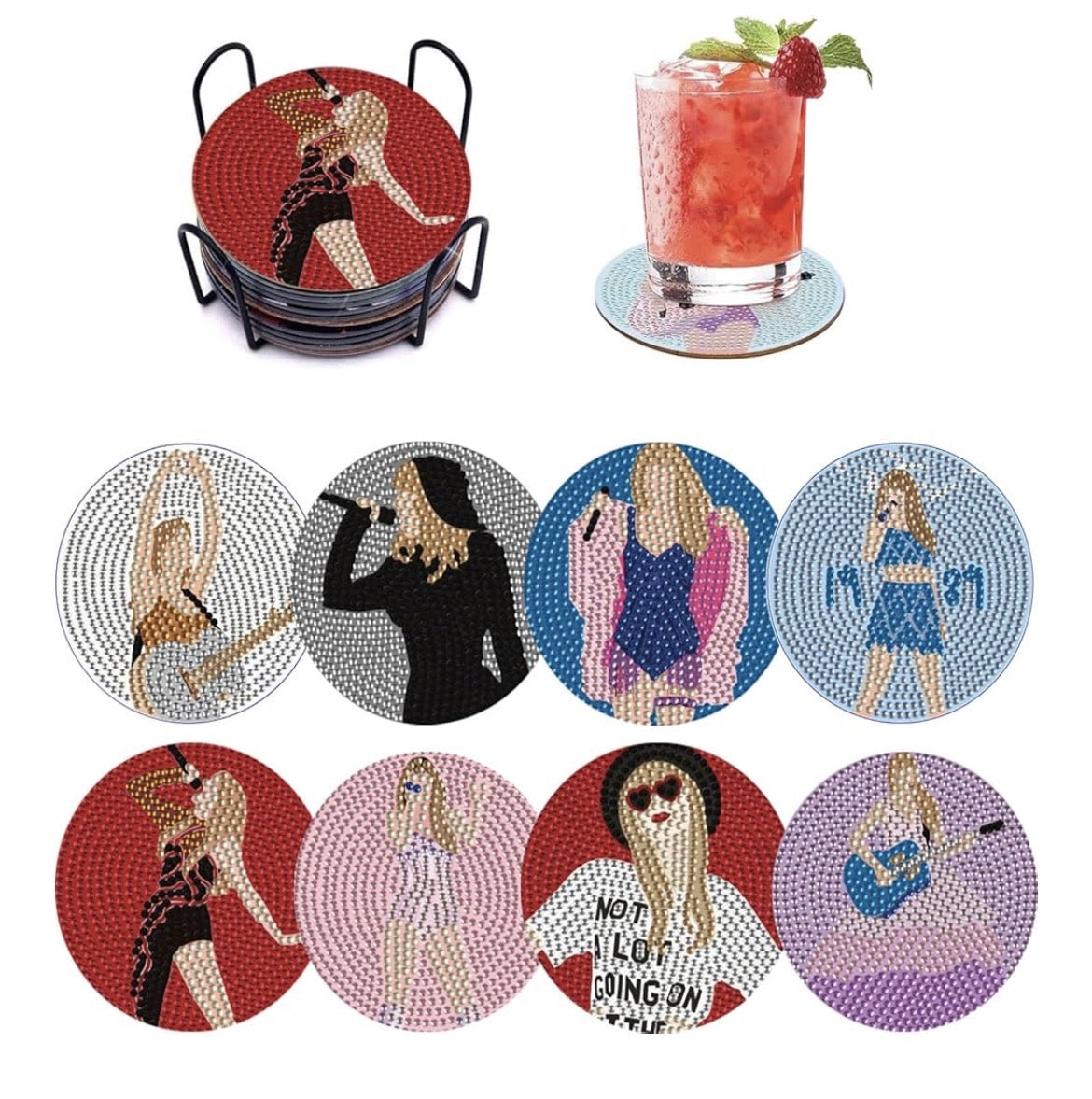 🎤 Fearless Glow: 8-Piece Taylor Swift Diamond Coaster Set 💎🩷