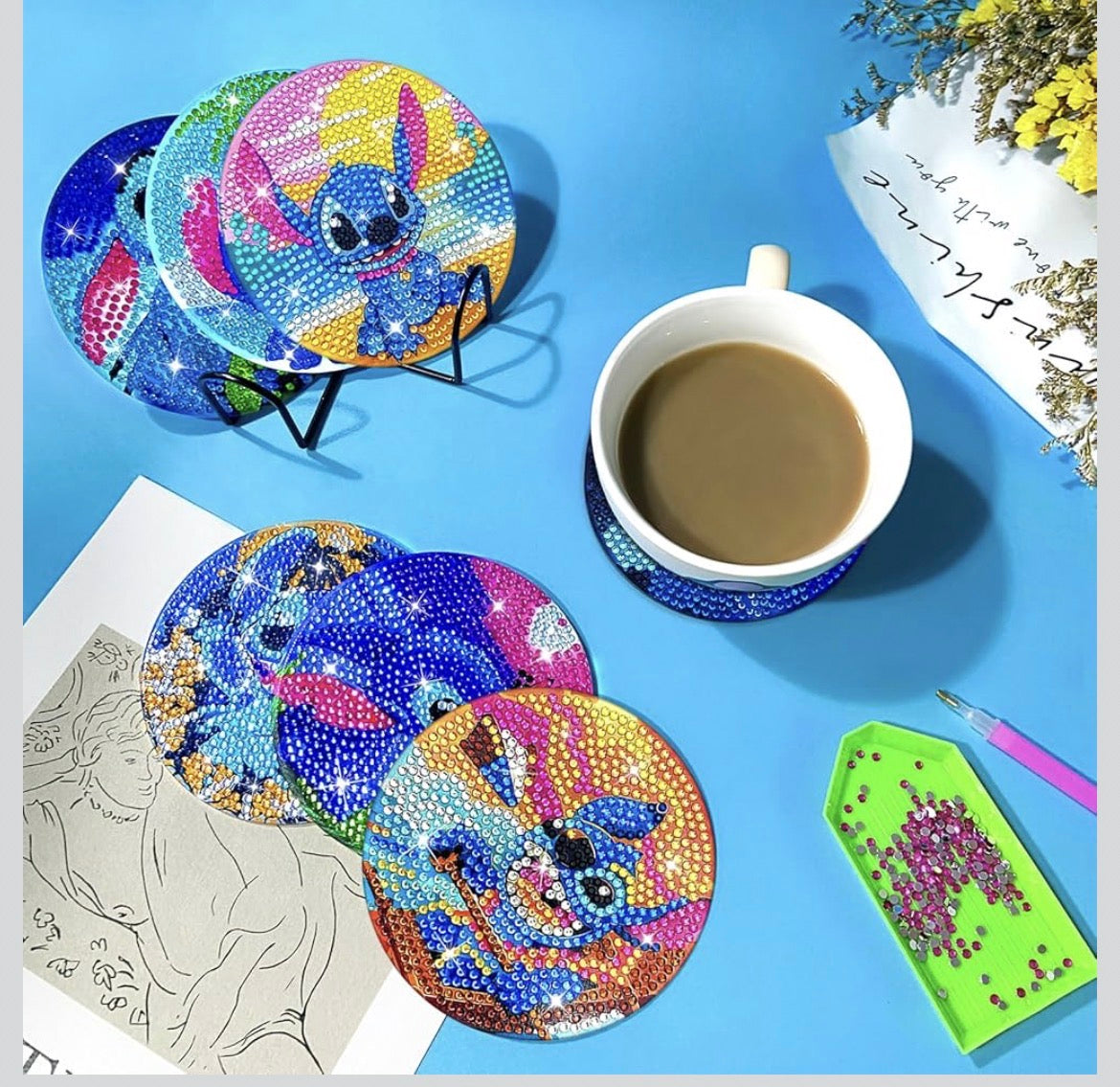 Stitch & Sparkle: 9-Pack Stitch Diamond Coasters 🧵💙✨