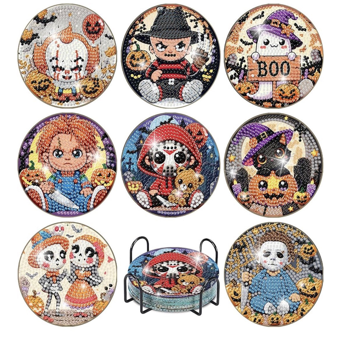💎🎃💀 Spooky Sweeties: 8-Piece Horror Diamond Coaster Collection