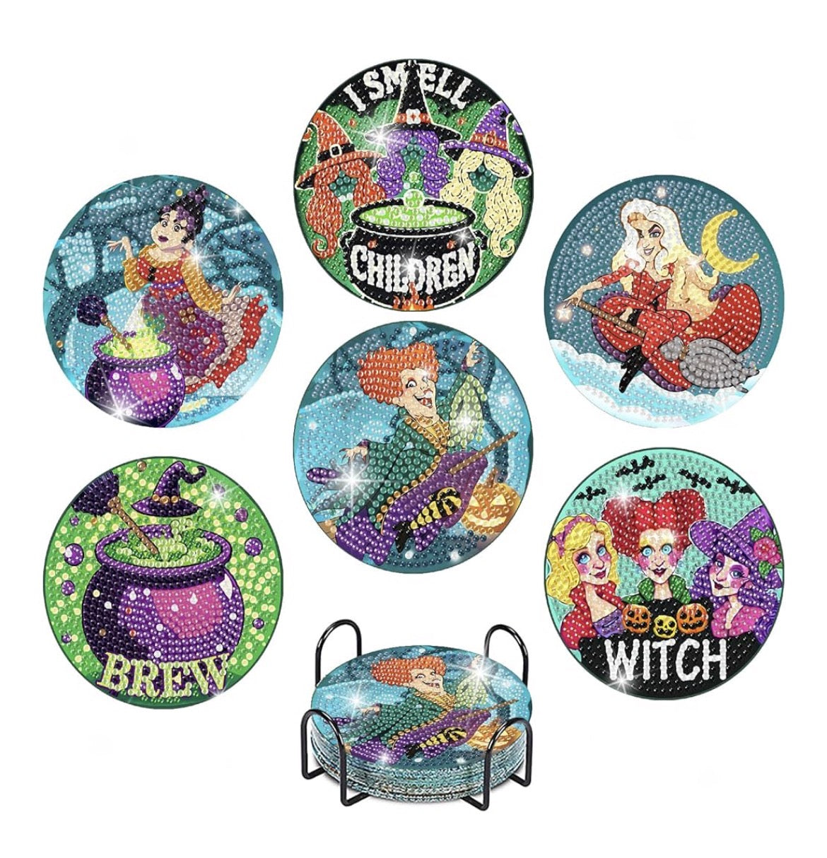 💜 Sanderson Sisters’ Sparkle: 6-Piece Hocus Pocus Diamond Coasters 🧙‍♀️💎✨