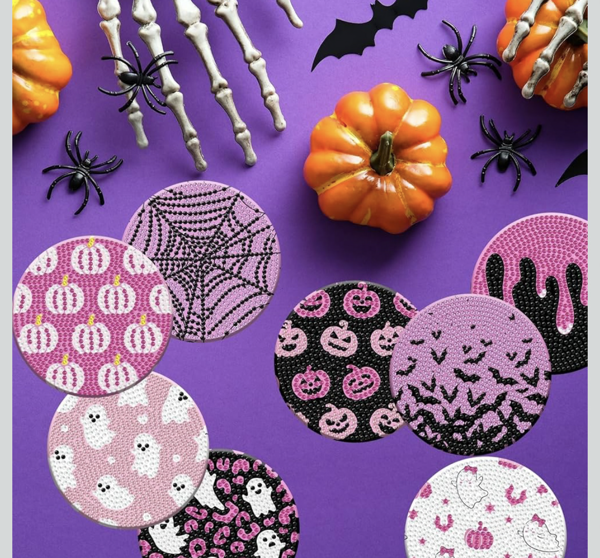 🎀🖤 Spooky Chic: 8-Piece Pink Halloween Diamond Art Coaster Set 💎🎃
