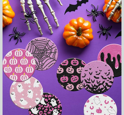 🎀🖤 Spooky Chic: 8-Piece Pink Halloween Diamond Art Coaster Set 💎🎃