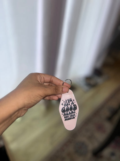 “I’ve got a good heart… but this mouth though.” Motel keychain 🗝️