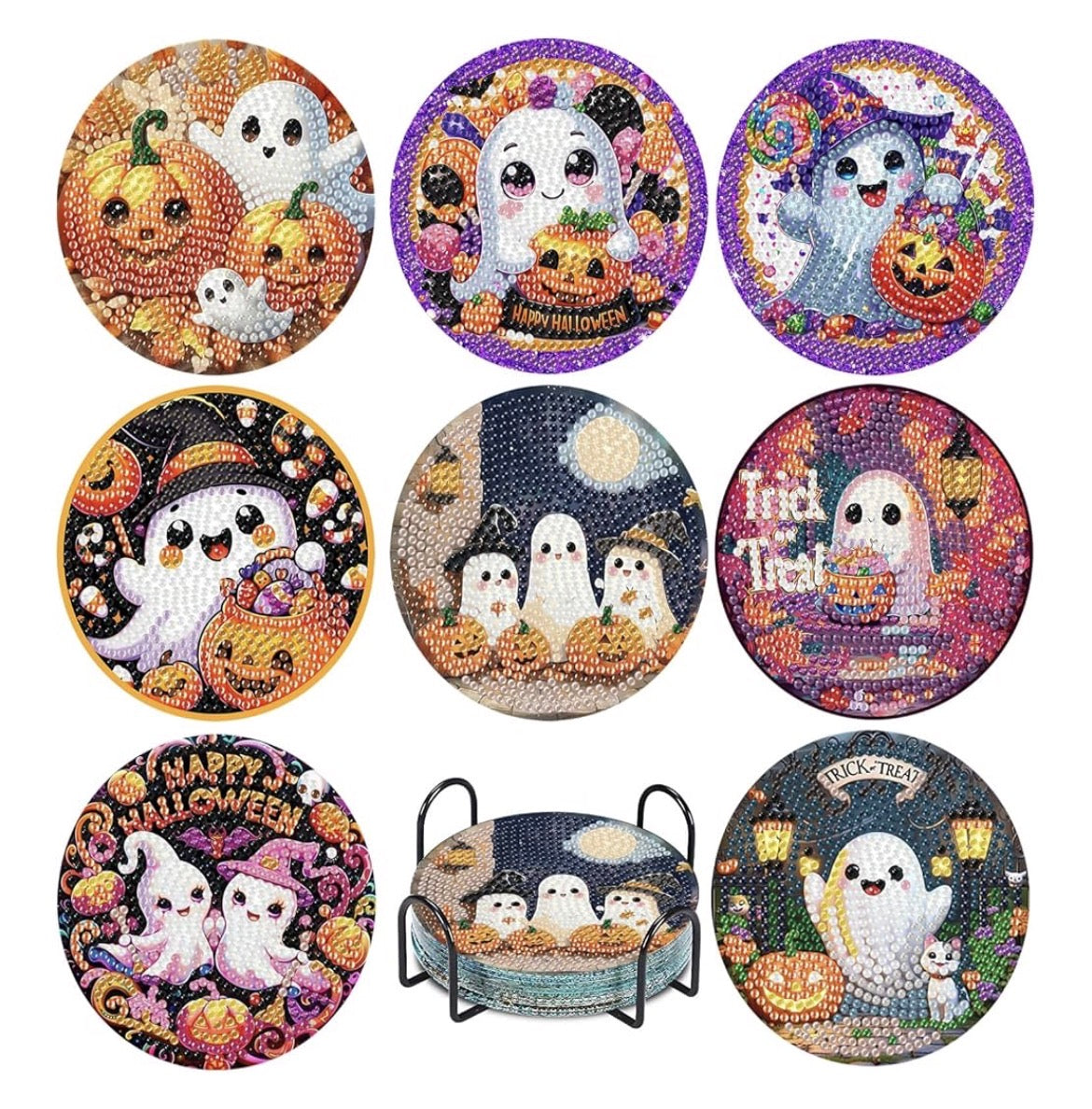 👻💎 Haunting Sparkle: 8-Piece Horror Ghost Diamond Coaster Set 🕸️✨
