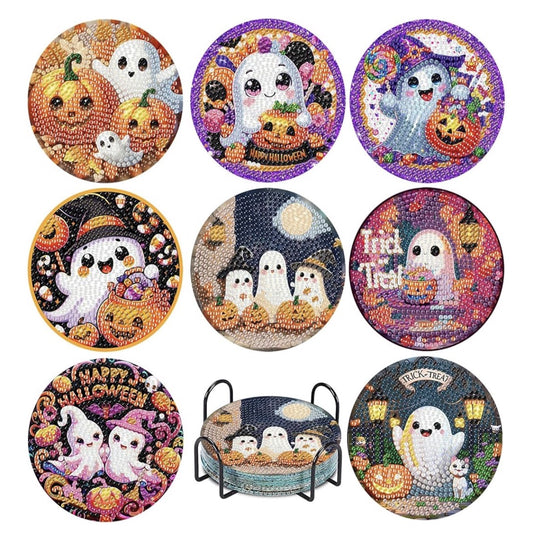 👻💎 Haunting Sparkle: 8-Piece Horror Ghost Diamond Coaster Set 🕸️✨