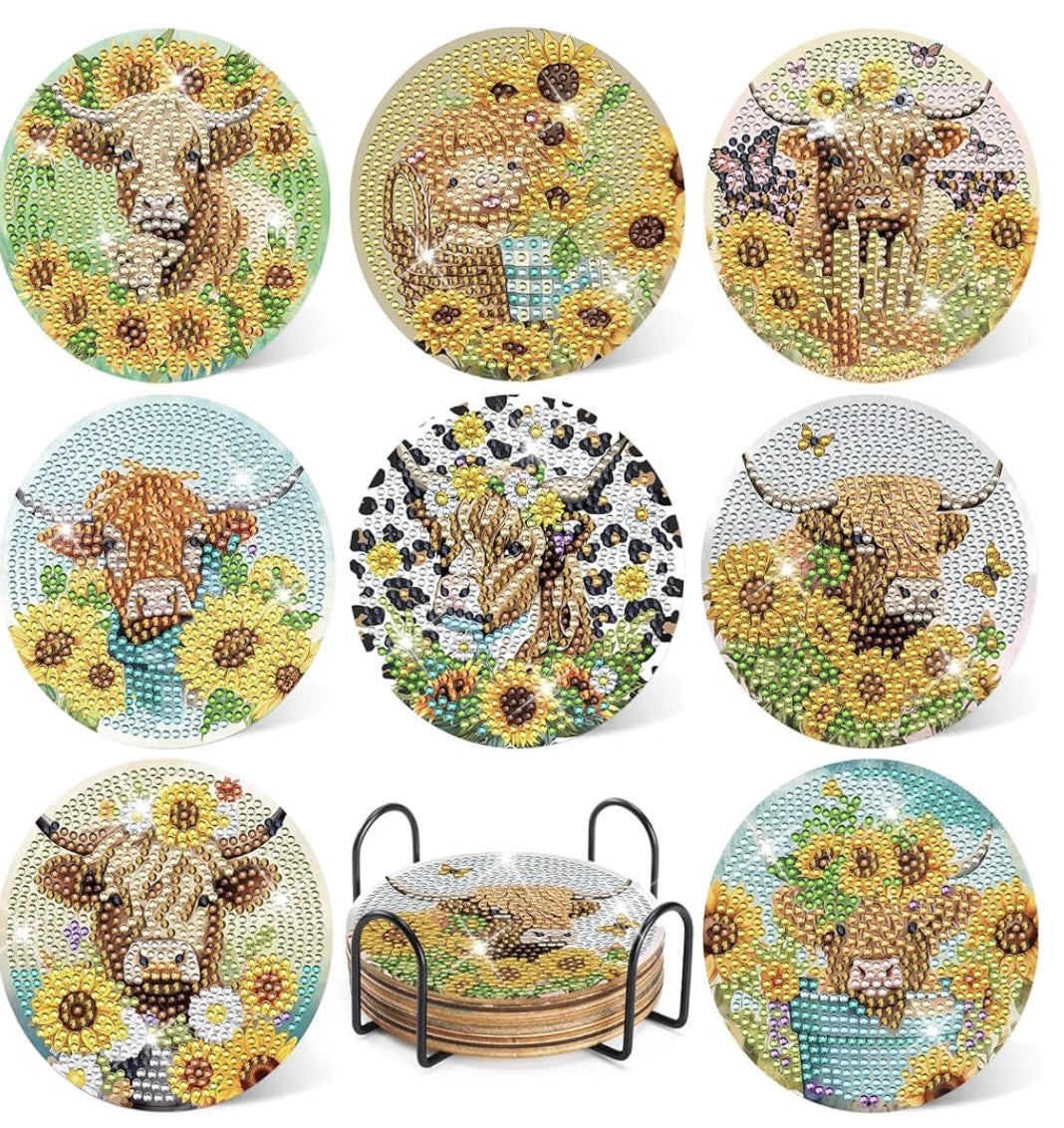 Sunflower Cow Charm: 8-Pack Diamond Painting Coasters 🌻💛🐄