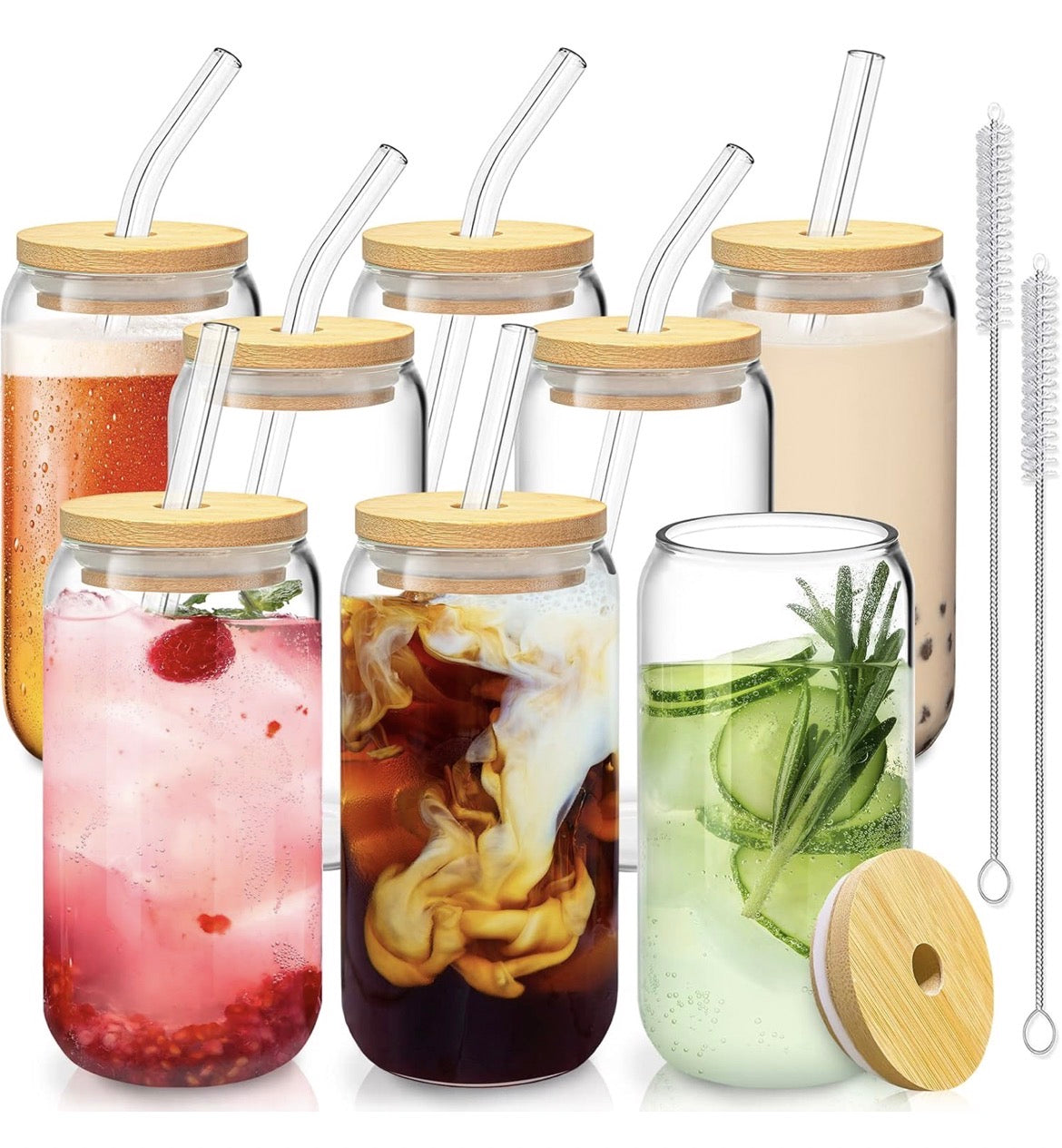 EcoSip Duo: 8-Pack 16 oz Glass Cups with Bamboo Lids & Glass Straws 🌿🥤✨