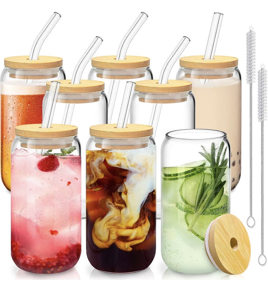 EcoSip Duo: 8-Pack 16 oz Glass Cups with Bamboo Lids & Glass Straws 🌿🥤✨