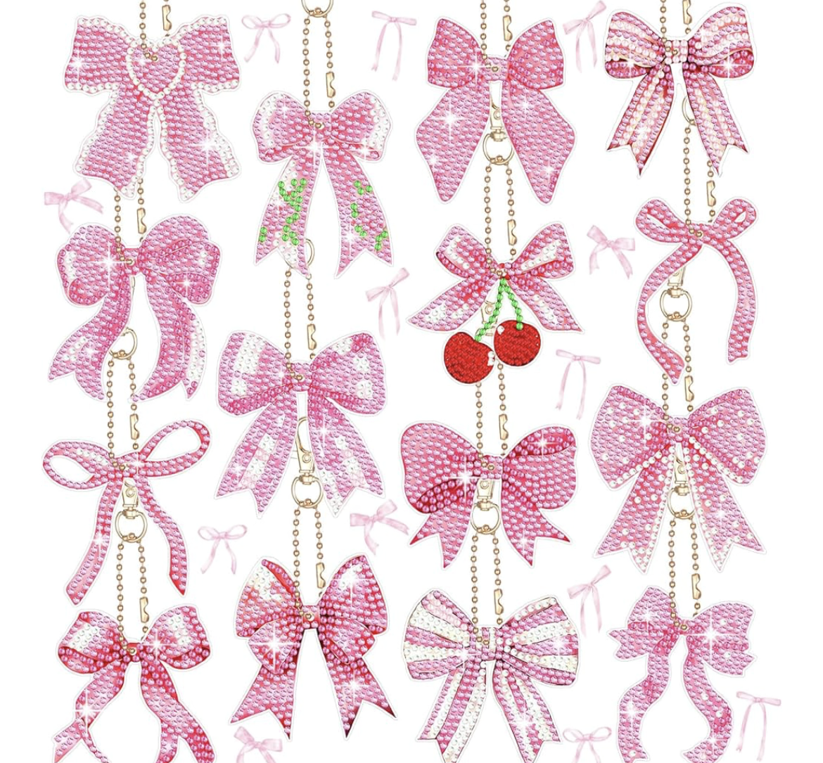 🎀💎 Coquette Charm: 15-Piece Pink Bow Diamond Art Keychain Set 💖✨