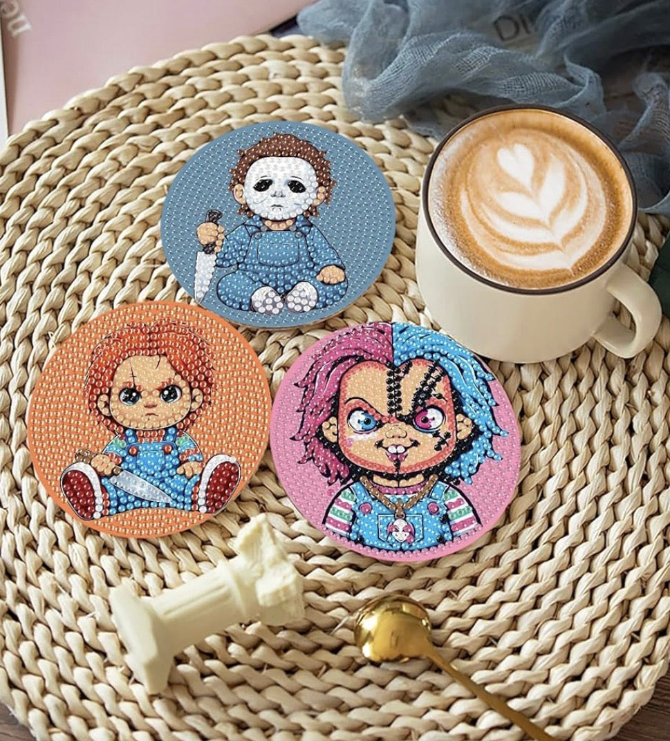 🔪💎🎃 Killer Cuteness: 8-Piece Horror Diamond Coaster Collection ✨🩸