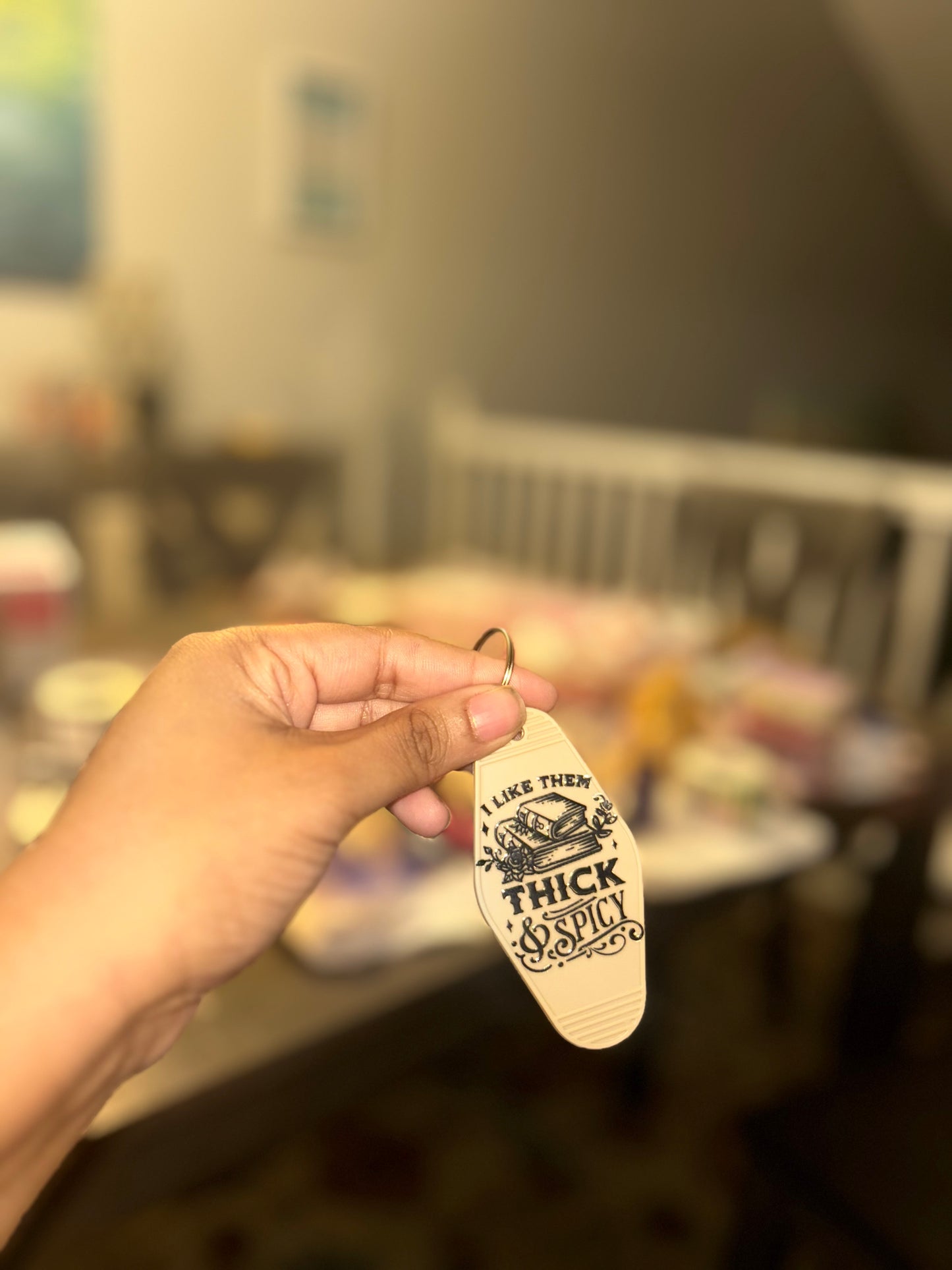 “I like them thick and spicy” motel keychain 📚