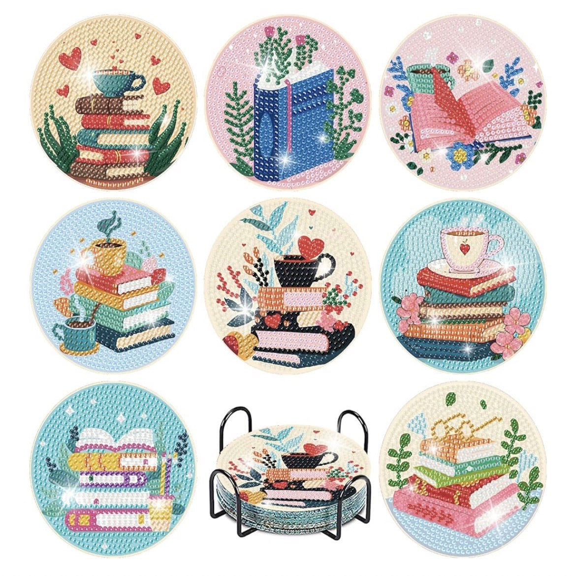 📖 Once Upon a Sip: 8-Piece Diamond Art Book Coasters 💎✨