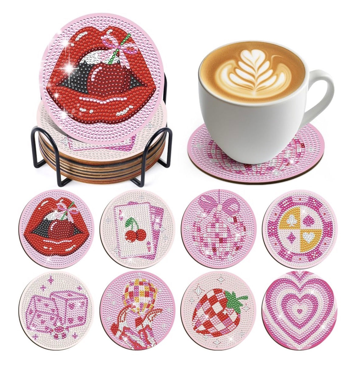 Retro Glam: 8-Pack Pink Diamond Art Coasters 💖🎀✨