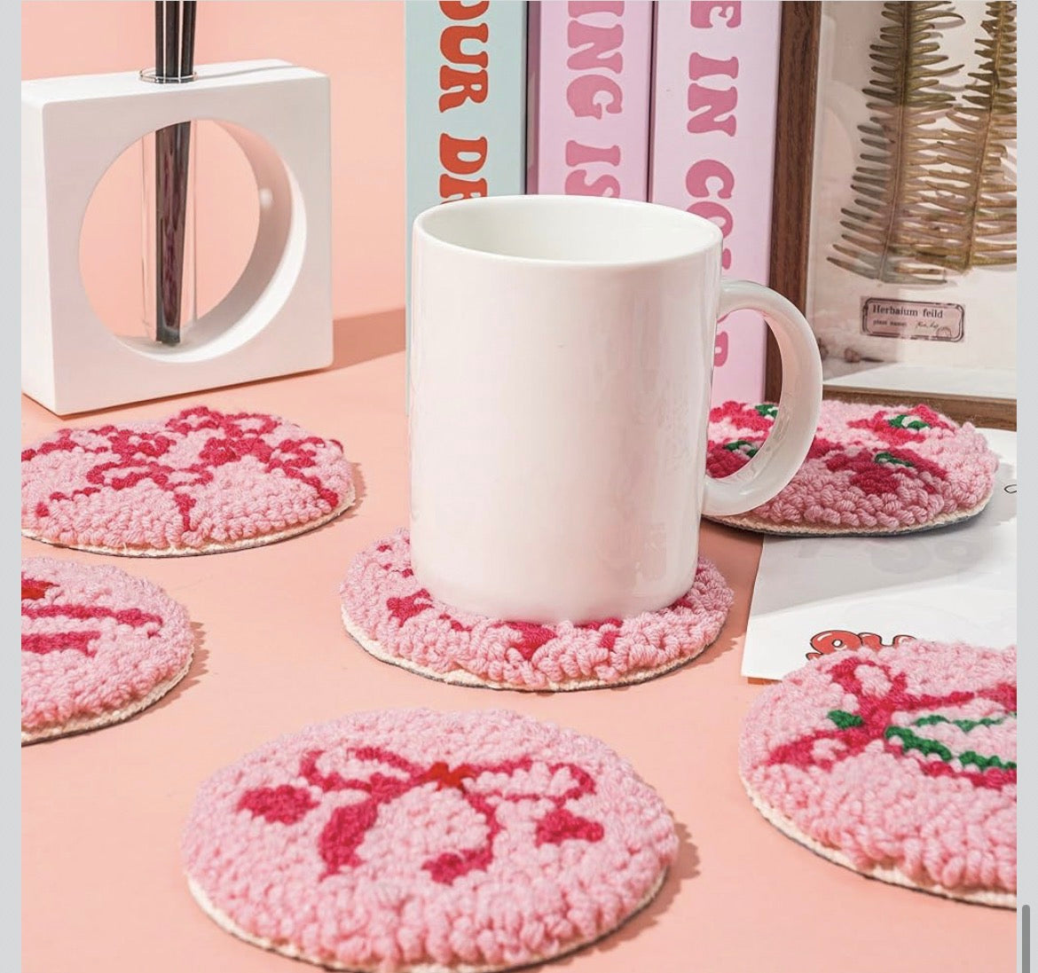 Blush & Bow: 6-Pack Cozy Punch Needle Coasters 🎀✨