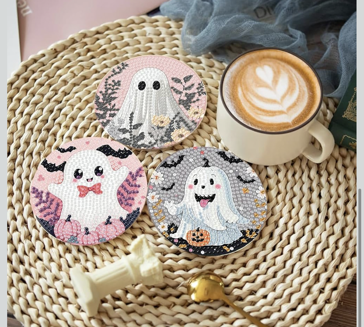 👻✨ Boho Boo-tique: 8-Piece Girly Ghost Diamond Coaster Set 💎🌸🎀