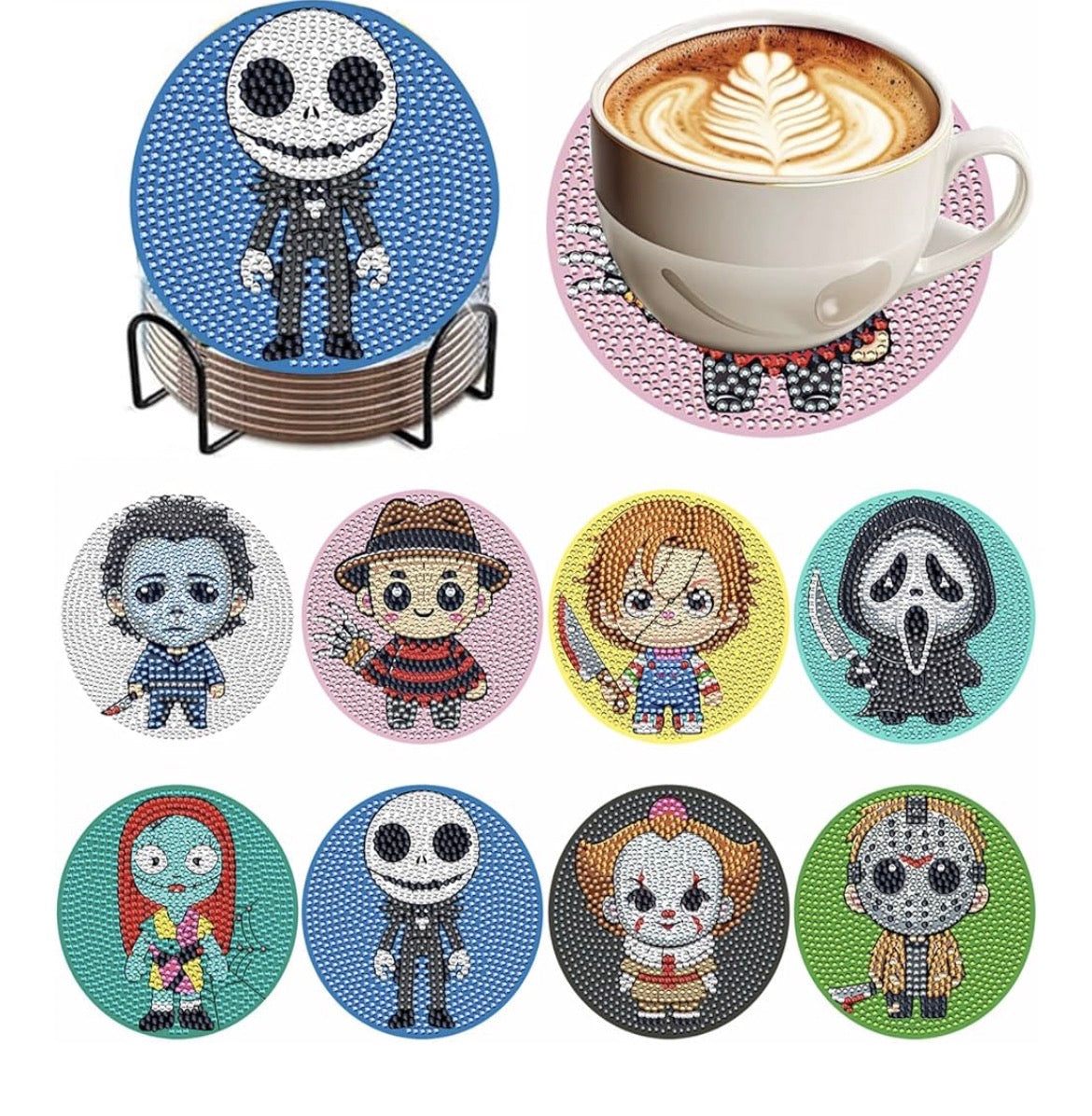 💎🎃💀 Spooky Sparkle Squad: 8-Piece Halloween Diamond Coaster Set ✨🩸