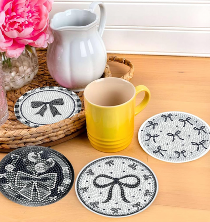 🖤💎 Noir Sparkle: 8-Piece Black Bow Diamond Art Coasters 🎀✨