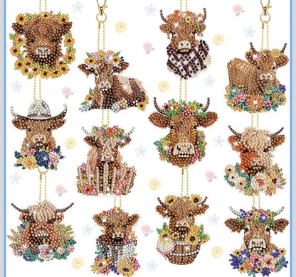 🐮💎 Highland Cow Bloom: 24-Piece Flower Diamond Art Keychain Set 🌸✨