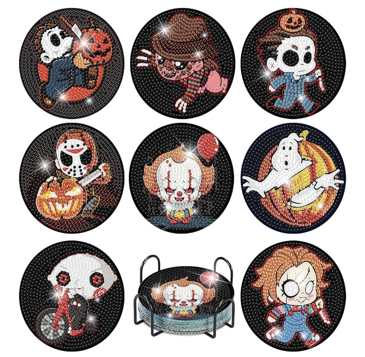 🔪💎🎃 Tiny Terrors Sparkle: 8-Piece Halloween Diamond Coaster Set ✨🩸