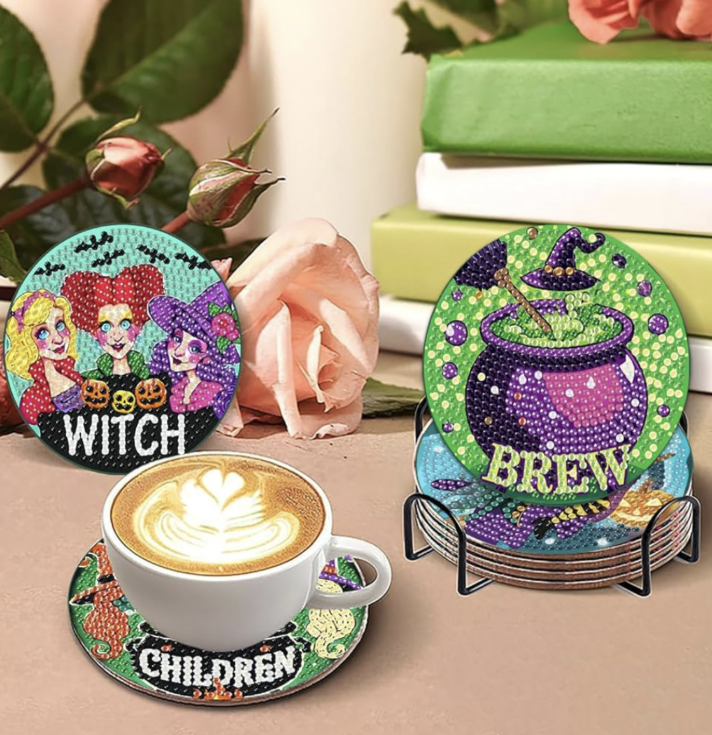 💜 Sanderson Sisters’ Sparkle: 6-Piece Hocus Pocus Diamond Coasters 🧙‍♀️💎✨