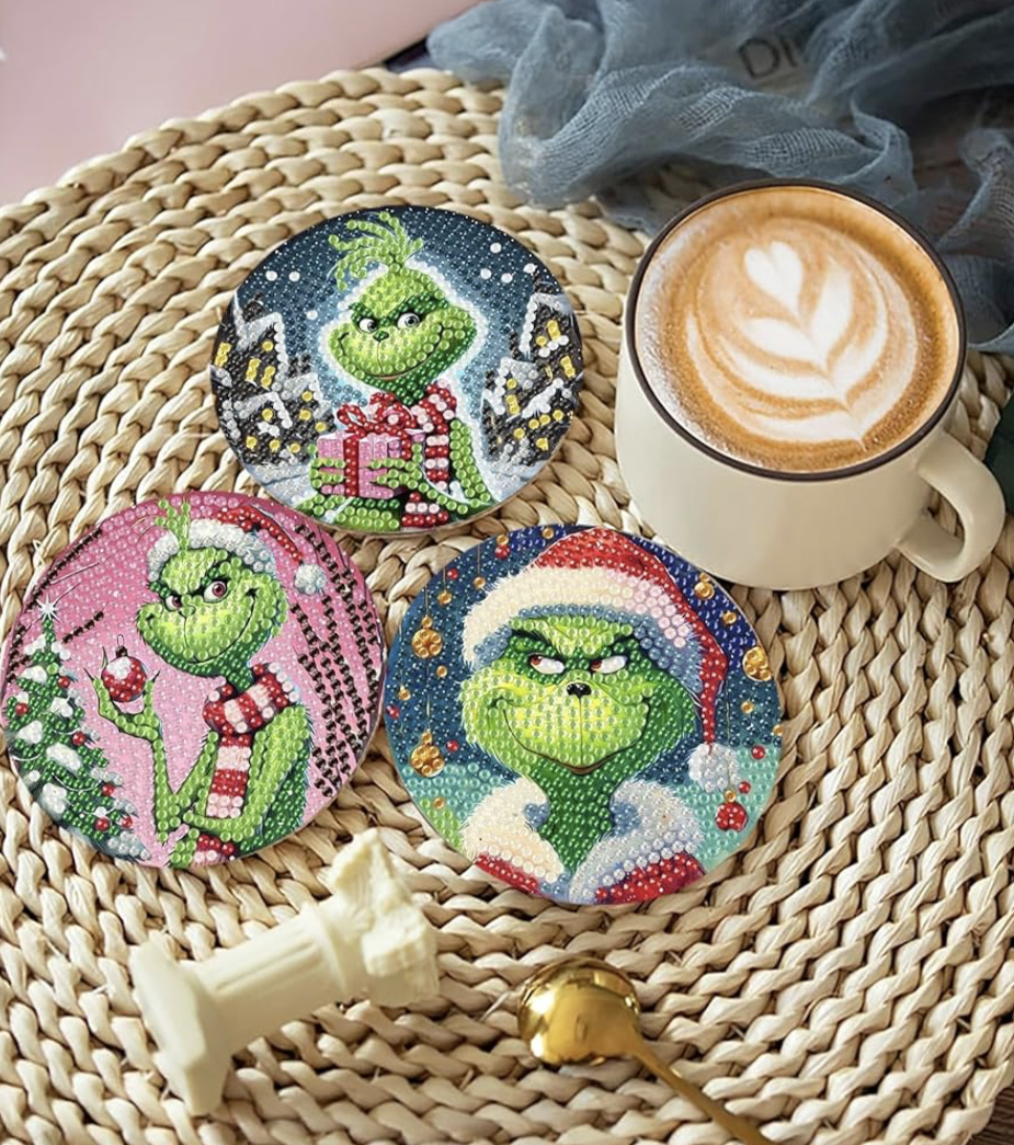 🎄💚 Grinchy Glow: 8-Piece Christmas Diamond Painting Coaster Set 💎✨
