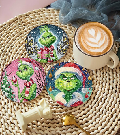 🎄💚 Grinchy Glow: 8-Piece Christmas Diamond Painting Coaster Set 💎✨