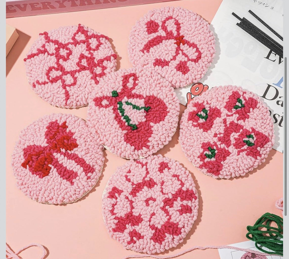 Blush & Bow: 6-Pack Cozy Punch Needle Coasters 🎀✨