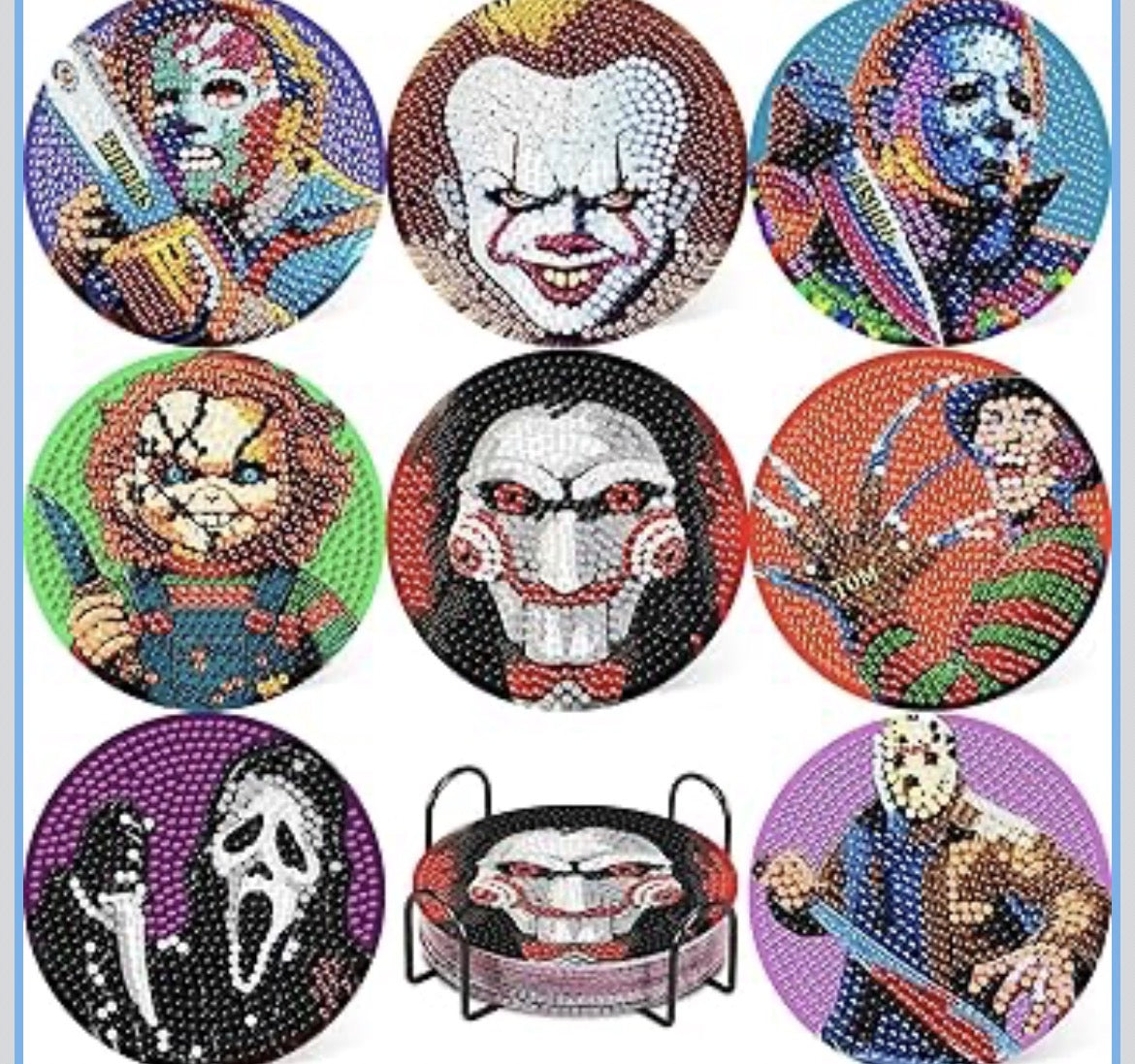 🔪💎 Killer Sparkle: 8-Piece Horror Icon Diamond Coaster Set 💀🩸✨