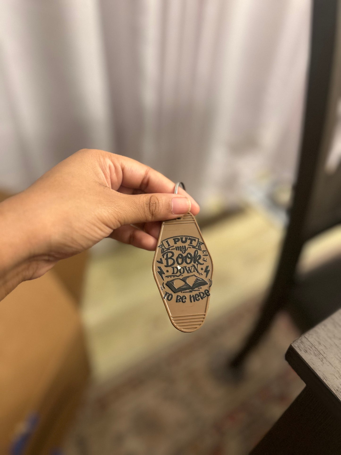 “I put my book down to be here” motel keychain 🗝️📚✨