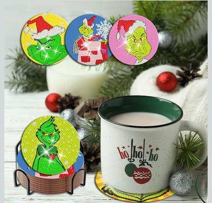 💚 Grinchmas Sparkle Set: 8-Piece Christmas Diamond Coasters 🎅✨